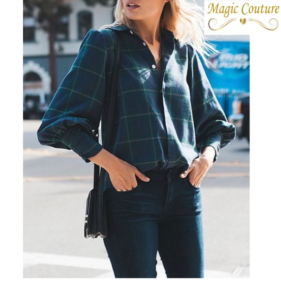 Amaryllis Navy Plaid Cuff-Sleeve Button-Up Shirt💙💚💙 - Picture 3 of 14